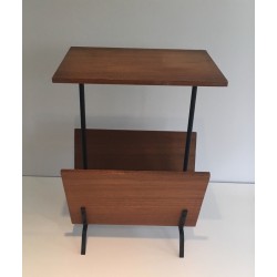 Wood and Black Lacquered Metal Magazine Rack, French Work, circa 1950