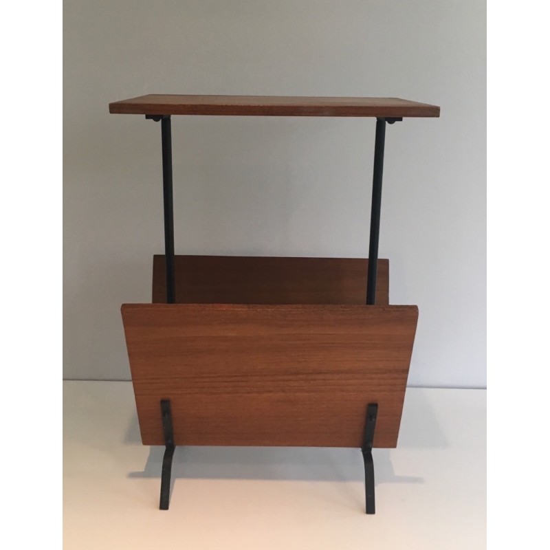 Wood and Black Lacquered Metal Magazine Rack, French Work, circa 1950