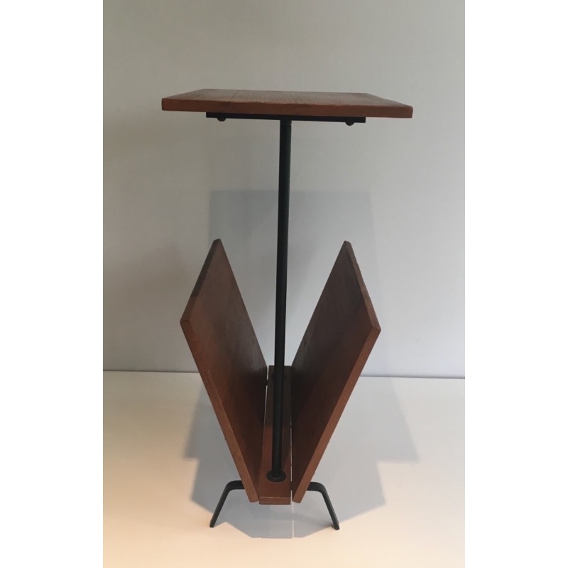 Wood and Black Lacquered Metal Magazine Rack, French Work, circa 1950