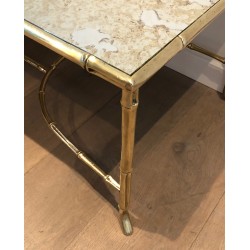 Importante Table Basse en Bronze Façon Faux-Bambou et Miroir Antique de la Maison Baguès, vers 1940
