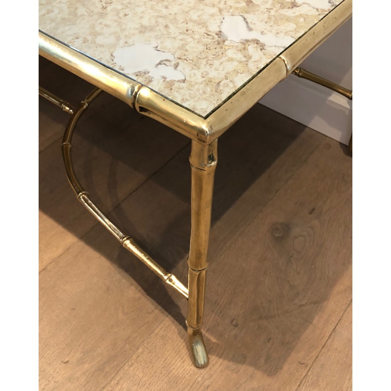 Large Faux-Bamboo Bronze Coffee Table with Antique Mirror Top by Maison Baguès, circa 1940