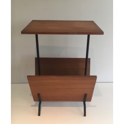 Wood and Black Lacquered Metal Magazine Rack, French Work, circa 1950