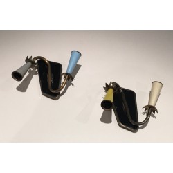 Pair of Lacquered Metal and Brass Wall Lights, French Work, circa 1950