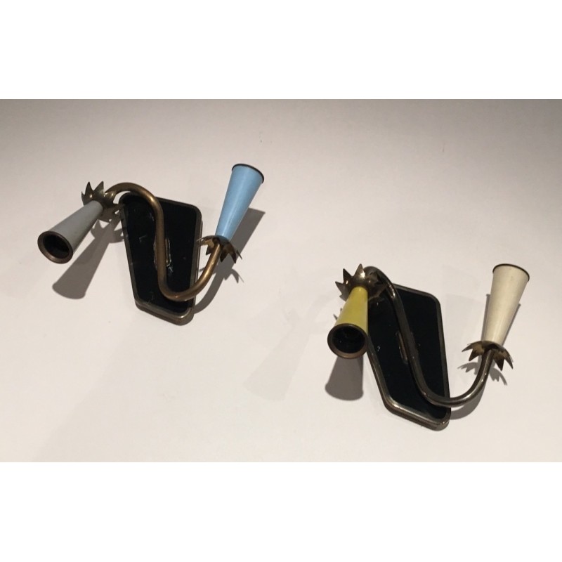 Pair of Lacquered Metal and Brass Wall Lights, French Work, circa 1950