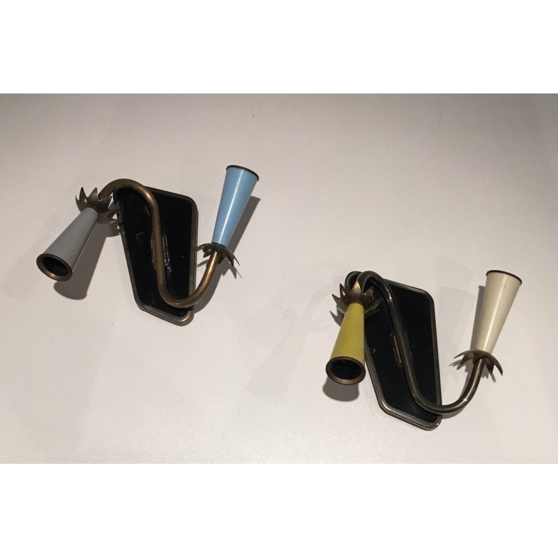 Pair of Lacquered Metal and Brass Wall Lights, French Work, circa 1950