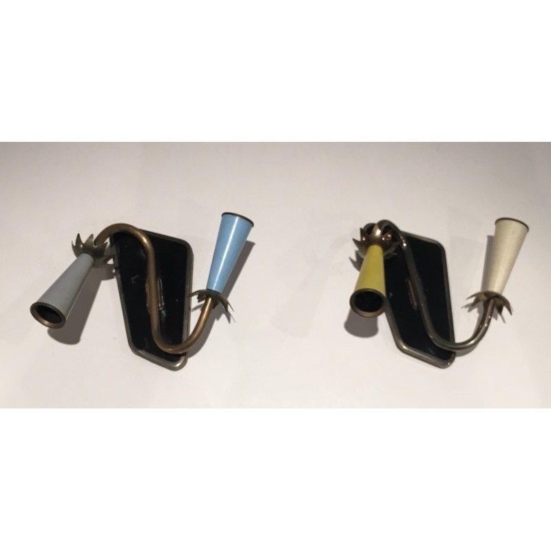 Pair of Lacquered Metal and Brass Wall Lights, French Work, circa 1950