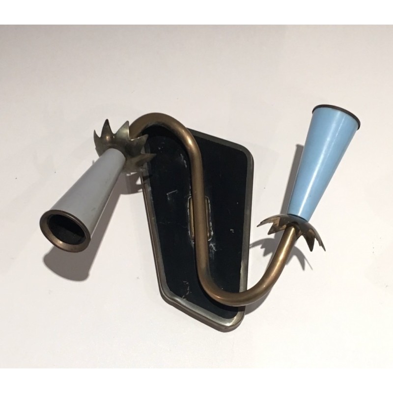 Pair of Lacquered Metal and Brass Wall Lights, French Work, circa 1950