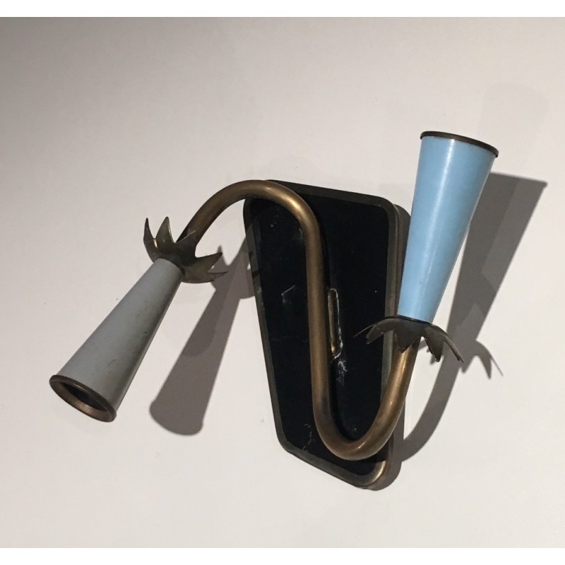Pair of Lacquered Metal and Brass Wall Lights, French Work, circa 1950