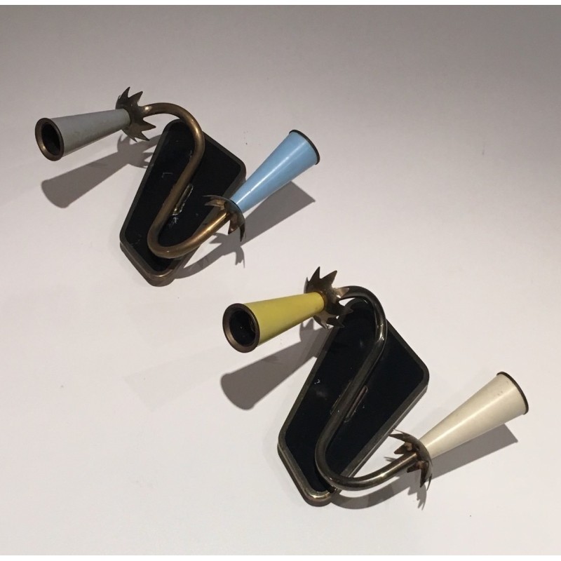 Pair of Lacquered Metal and Brass Wall Lights, French Work, circa 1950