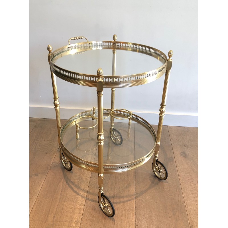Table Roulante Ronde en Laiton à Plateaux Amovibles de la Maison Baguès, Style Néoclassique, vers 1940