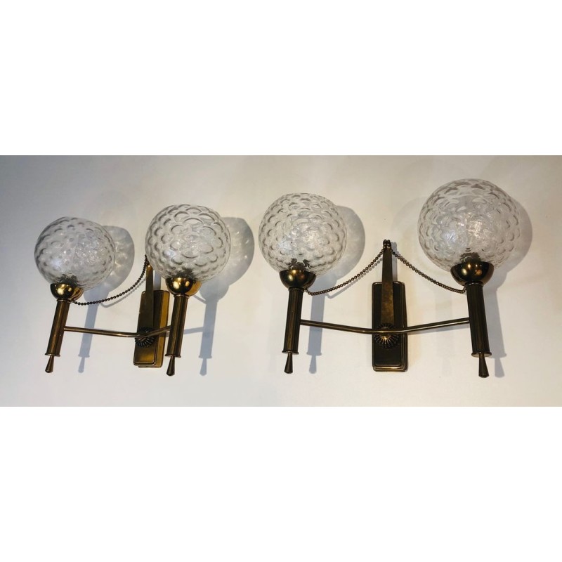 Pair of Brass and Glass Bowls Wall Sconces. Circa 1970