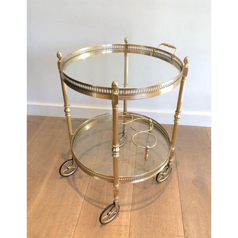 Table Roulante Ronde en Laiton à Plateaux Amovibles de la Maison Baguès, Style Néoclassique, vers 1940