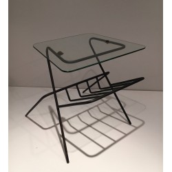 Black Lacquered Metal and Glass Magazine Rack, French Work, circa 1950