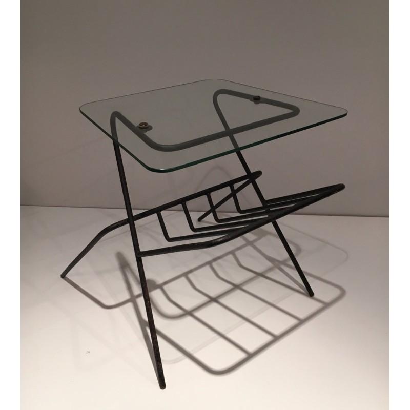 Black Lacquered Metal and Glass Magazine Rack, French Work, circa 1950