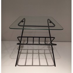 Black Lacquered Metal and Glass Magazine Rack, French Work, circa 1950
