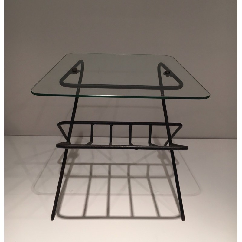 Black Lacquered Metal and Glass Magazine Rack, French Work, circa 1950