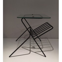 Black Lacquered Metal and Glass Magazine Rack, French Work, circa 1950