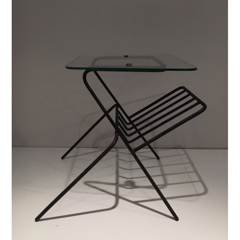 Black Lacquered Metal and Glass Magazine Rack, French Work, circa 1950
