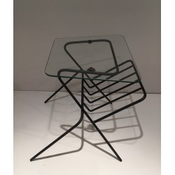Black Lacquered Metal and Glass Magazine Rack, French Work, circa 1950