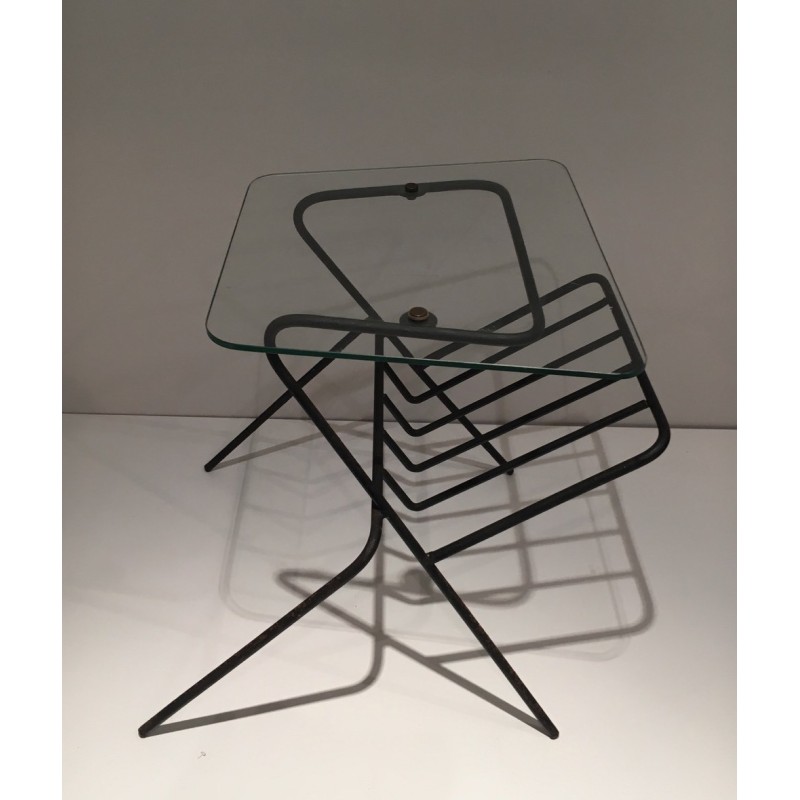 Black Lacquered Metal and Glass Magazine Rack, French Work, circa 1950