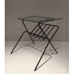 Black Lacquered Metal and Glass Magazine Rack, French Work, circa 1950