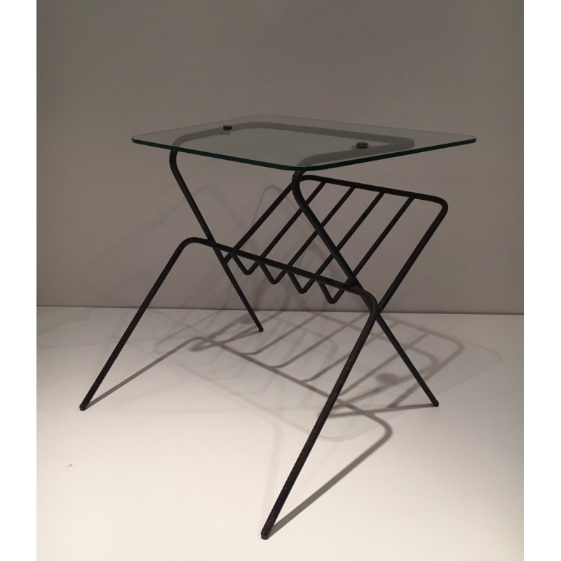 Black Lacquered Metal and Glass Magazine Rack, French Work, circa 1950