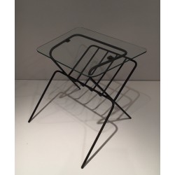 Black Lacquered Metal and Glass Magazine Rack, French Work, circa 1950