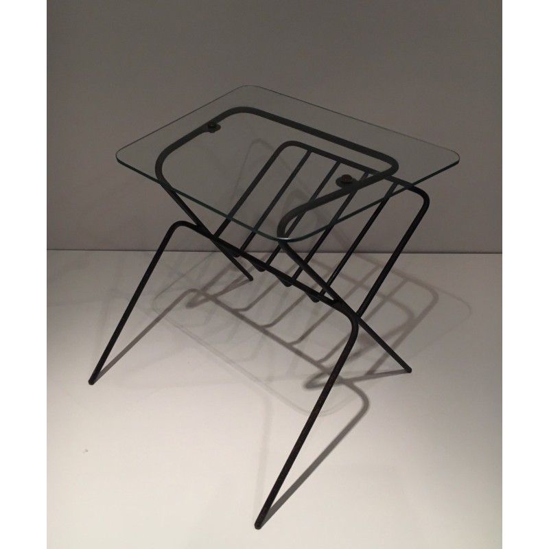 Black Lacquered Metal and Glass Magazine Rack, French Work, circa 1950