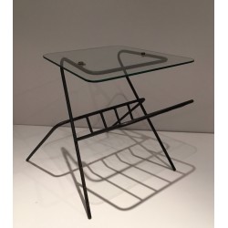Black Lacquered Metal and Glass Magazine Rack, French Work, circa 1950