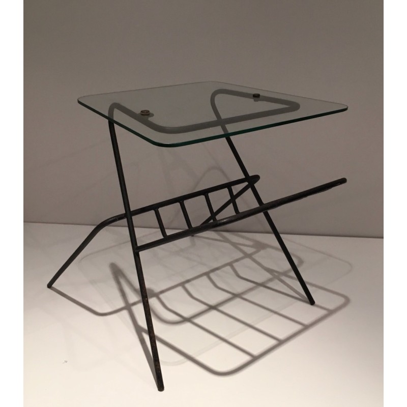Black Lacquered Metal and Glass Magazine Rack, French Work, circa 1950