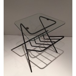 Black Lacquered Metal and Glass Magazine Rack, French Work, circa 1950