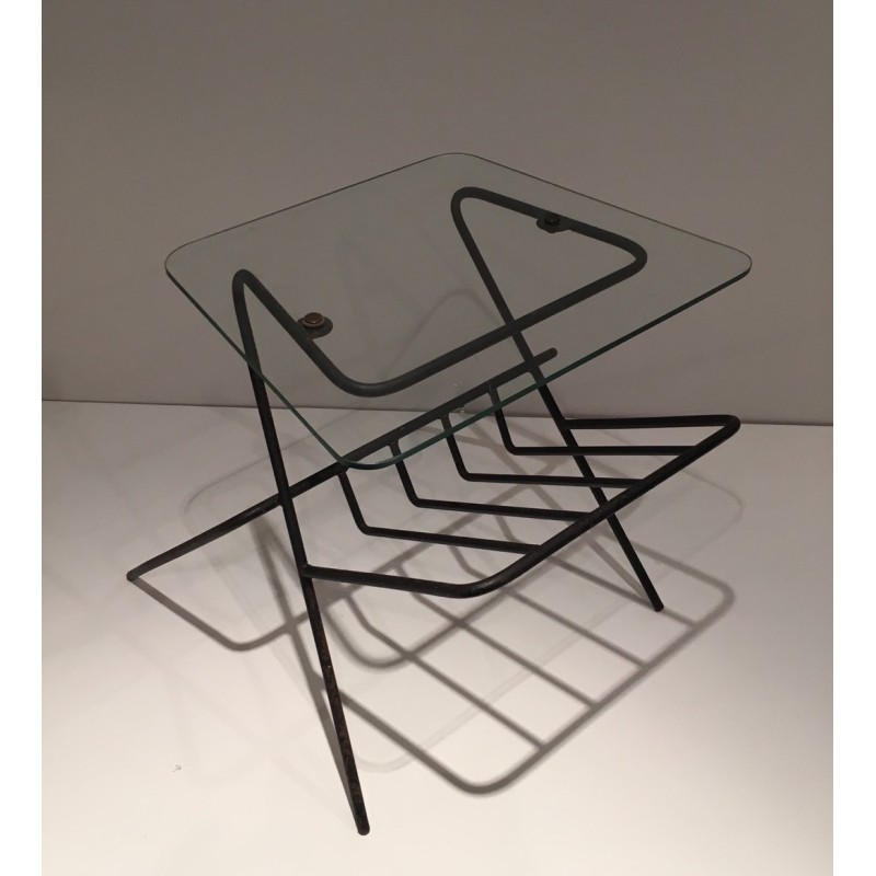 Black Lacquered Metal and Glass Magazine Rack, French Work, circa 1950