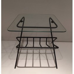 Black Lacquered Metal and Glass Magazine Rack, French Work, circa 1950