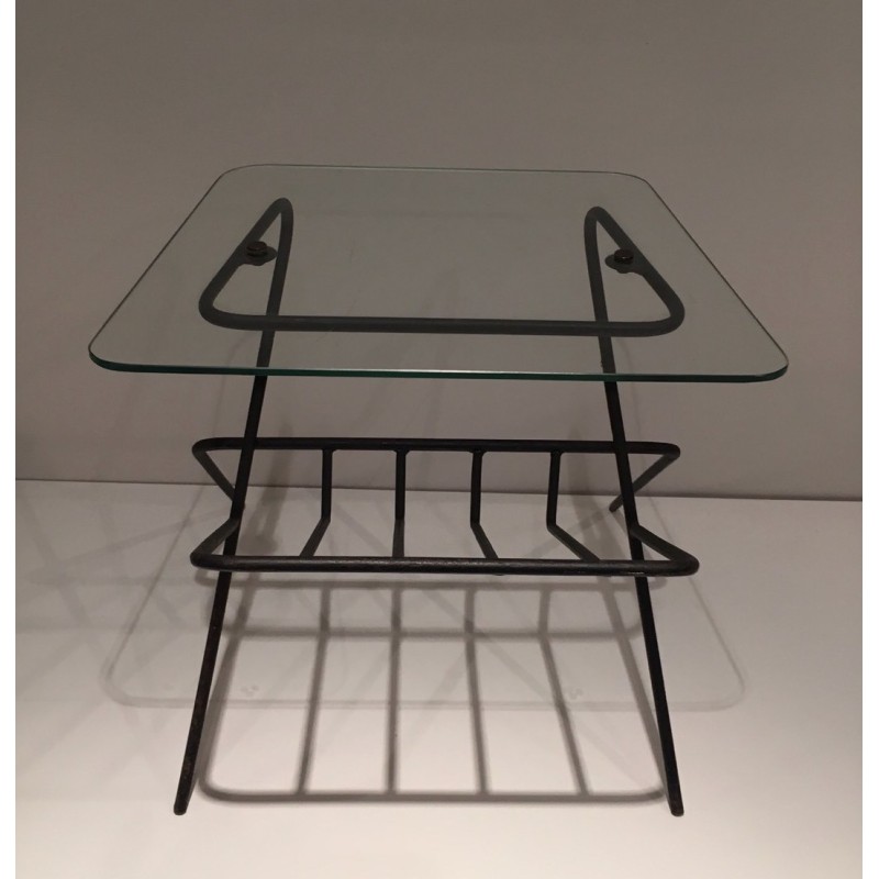 Black Lacquered Metal and Glass Magazine Rack, French Work, circa 1950