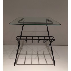 Black Lacquered Metal and Glass Magazine Rack, French Work, circa 1950