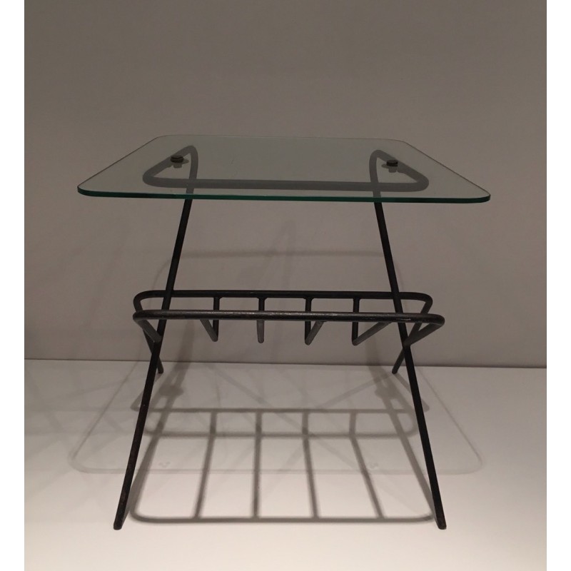 Black Lacquered Metal and Glass Magazine Rack, French Work, circa 1950