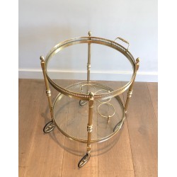 Table Roulante Ronde en Laiton à Plateaux Amovibles de la Maison Baguès, Style Néoclassique, vers 1940