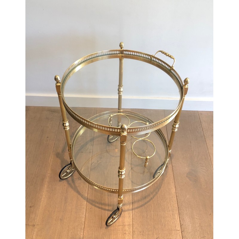 Table Roulante Ronde en Laiton à Plateaux Amovibles de la Maison Baguès, Style Néoclassique, vers 1940