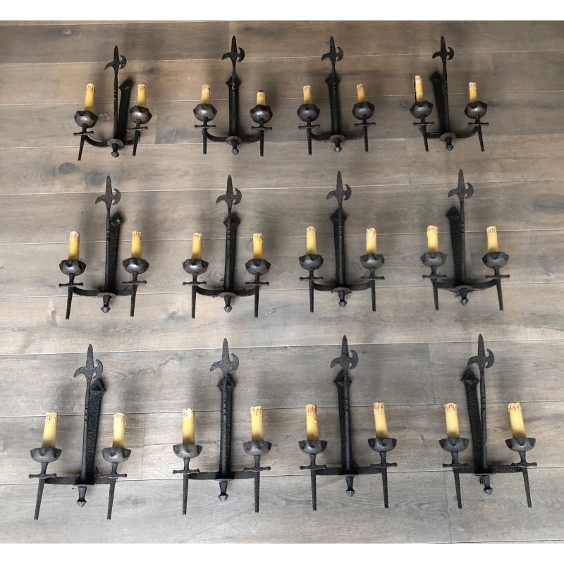 Rare Set of 12 Large Wrought Iron Castle Wall Lights, French Work, circa 1940