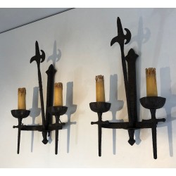 Rare Set of 12 Large Wrought Iron Castle Wall Lights, French Work, circa 1940