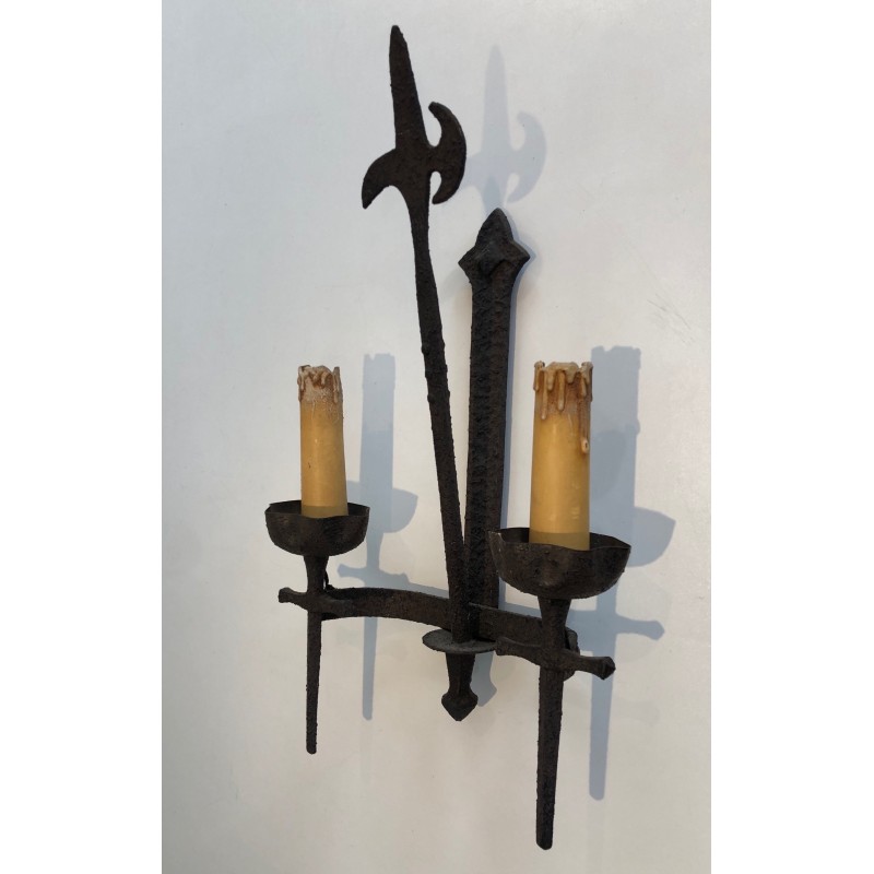 Rare Set of 12 Large Wrought Iron Castle Wall Lights, French Work, circa 1940