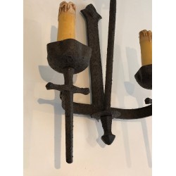 Rare Set of 12 Large Wrought Iron Castle Wall Lights, French Work, circa 1940