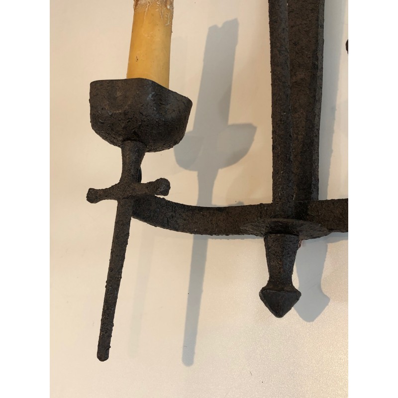 Rare Set of 12 Large Wrought Iron Castle Wall Lights, French Work, circa 1940