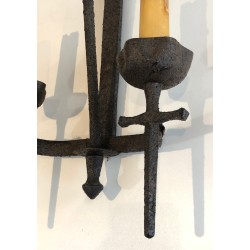 Rare Set of 12 Large Wrought Iron Castle Wall Lights, French Work, circa 1940