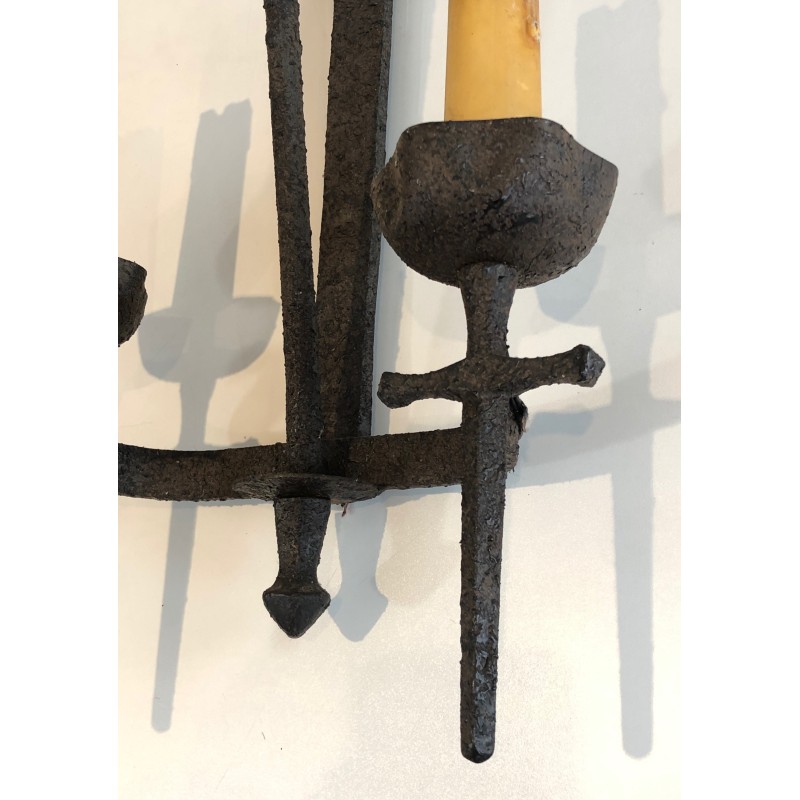 Rare Set of 12 Large Wrought Iron Castle Wall Lights, French Work, circa 1940