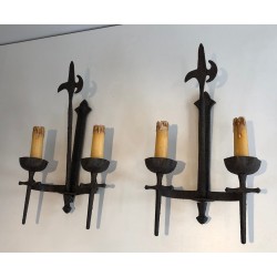 Rare Set of 12 Large Wrought Iron Castle Wall Lights, French Work, circa 1940