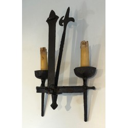 Rare Set of 12 Large Wrought Iron Castle Wall Lights, French Work, circa 1940