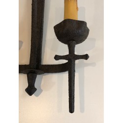 Rare Set of 12 Large Wrought Iron Castle Wall Lights, French Work, circa 1940