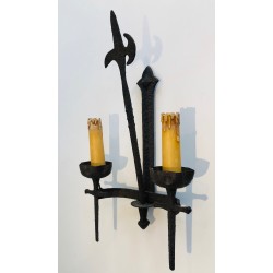 Rare Set of 12 Large Wrought Iron Castle Wall Lights, French Work, circa 1940