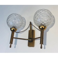 Paire d'Appliques en Laiton et Boules de Verre. Vers 1970